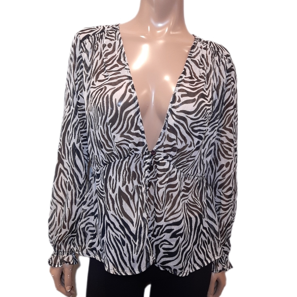Cream Zebra Print Blouse Long Sleeve Sheer Plunge Vneck Flowy Buttoned Top
